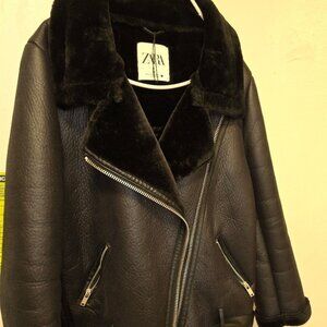 ZARA Black Faux Leather Double Faced Shearling Biker Jacket XL